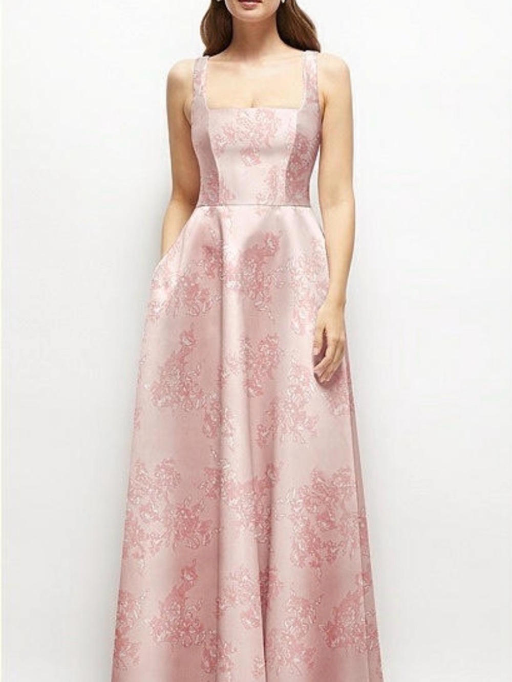 Elegant Pink Jacquard Square-Neck Gown